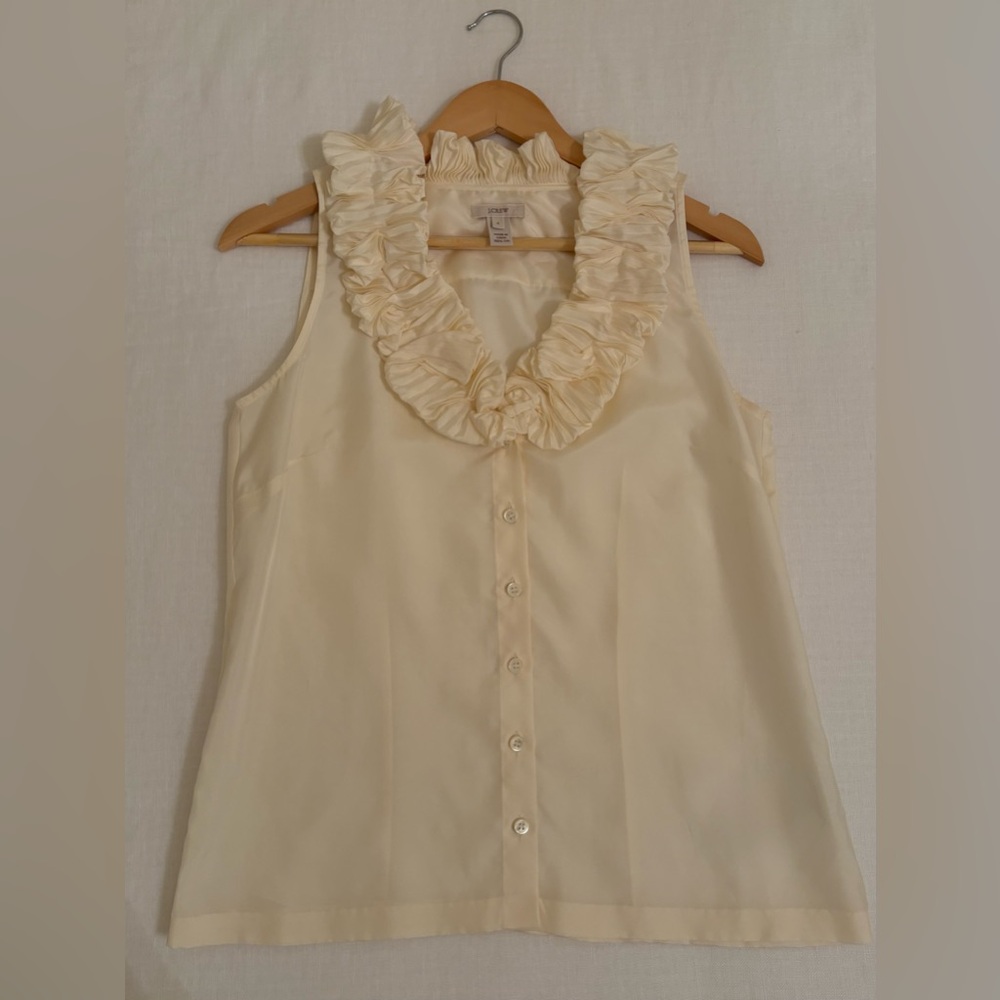 J. Crew Ivory Silk Ruffled Button-Down V-Neck Blouse